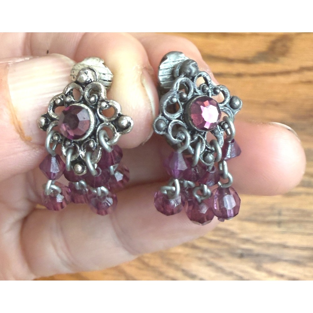 Vintage Style Purple Rhinestone Filigree Clip On Chandelier Dangle Earrings